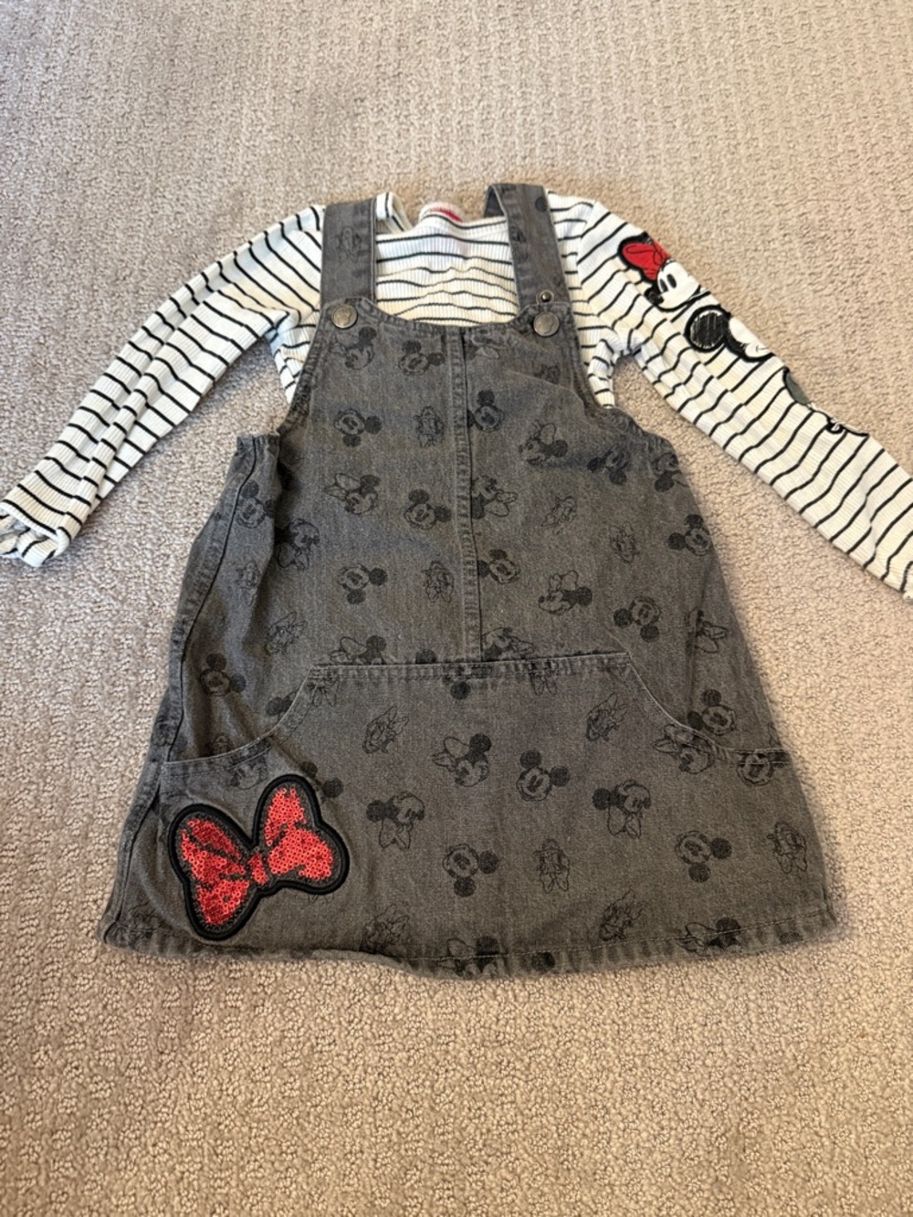Gray Minnie Mouse Print Pinafore Dress with Red Sequin Bow Patch
